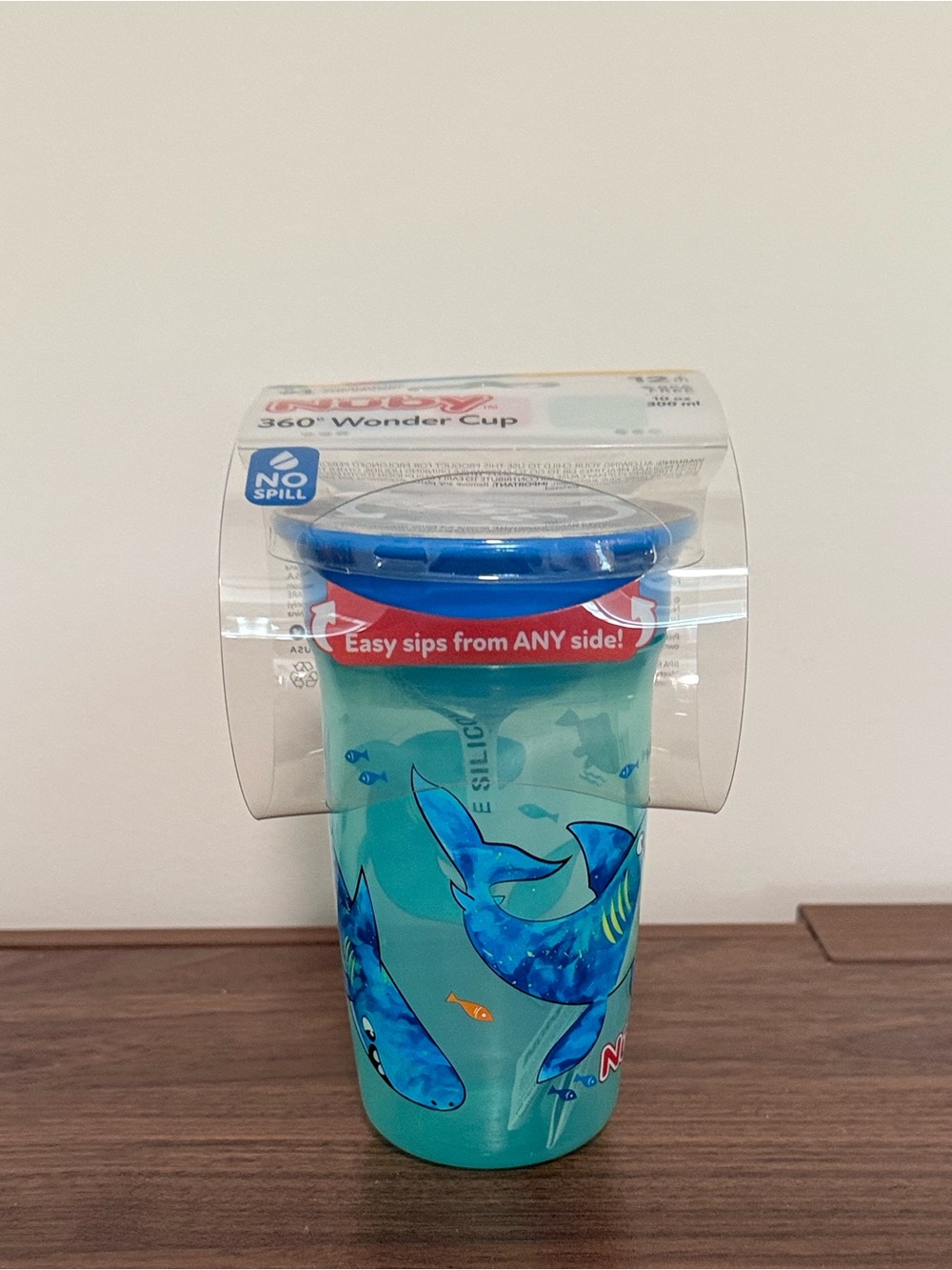 NWT Nuby 360° No-Spill Wonder Cup with Blue Shark Design